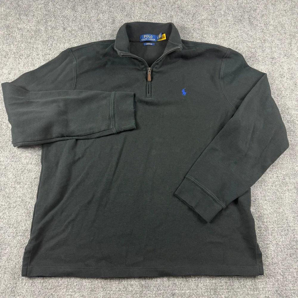 Polo Ralph Lauren Quarter Zip Pullover Mens Large Black Estate Rib Blue Pony